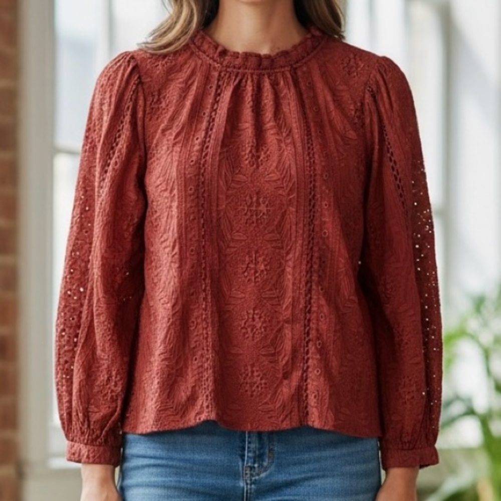 Jennifer & Grace ruffled mock neck long sleeve eyelet maroon top MEDIUM